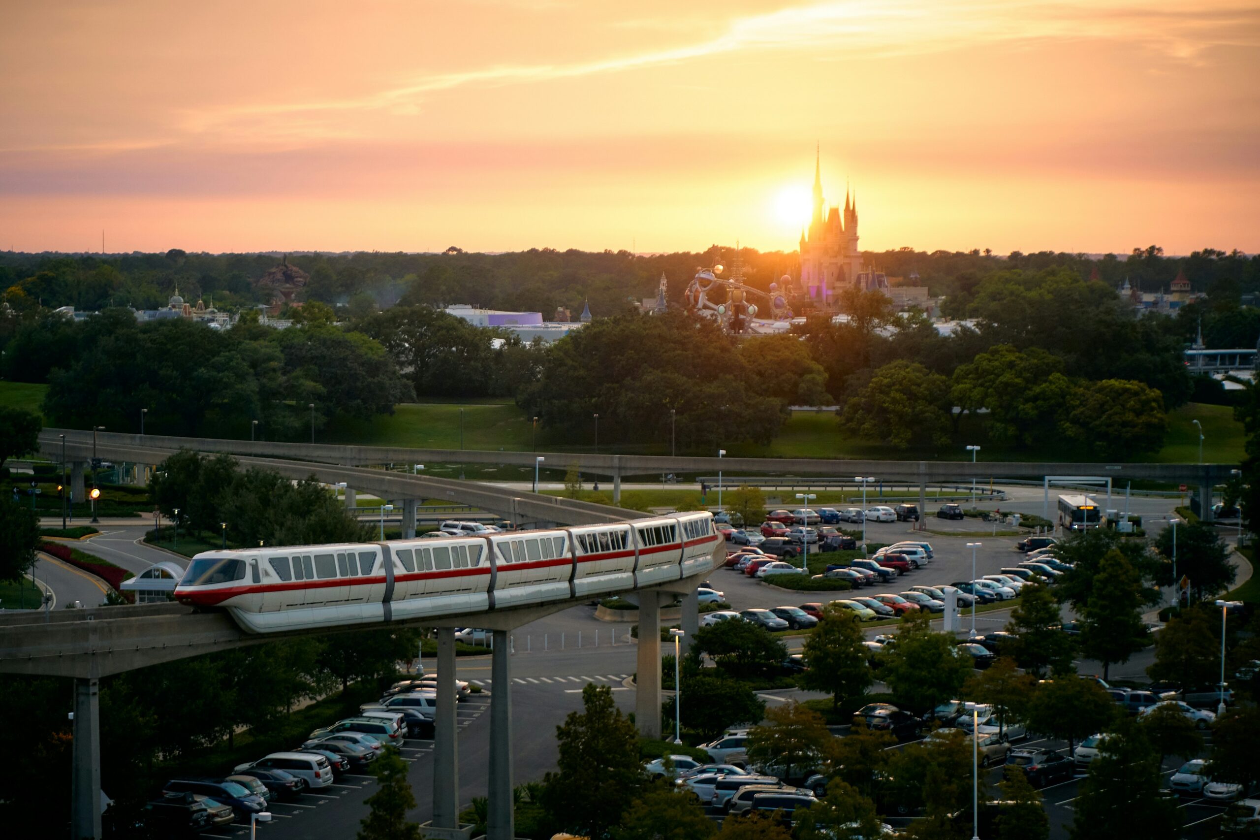 A Walt Disney World monorail at sunset