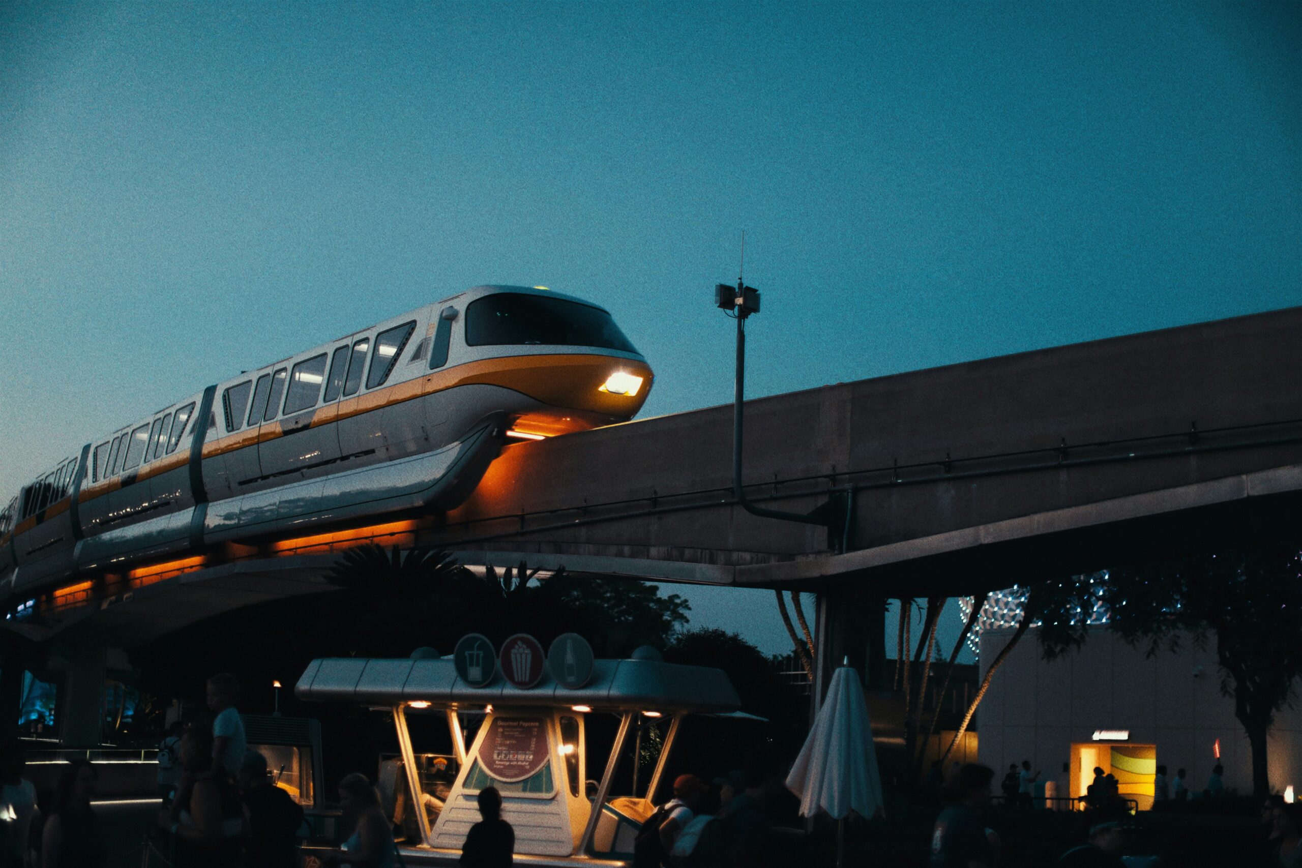 A Walt Disney World monorail on its beam