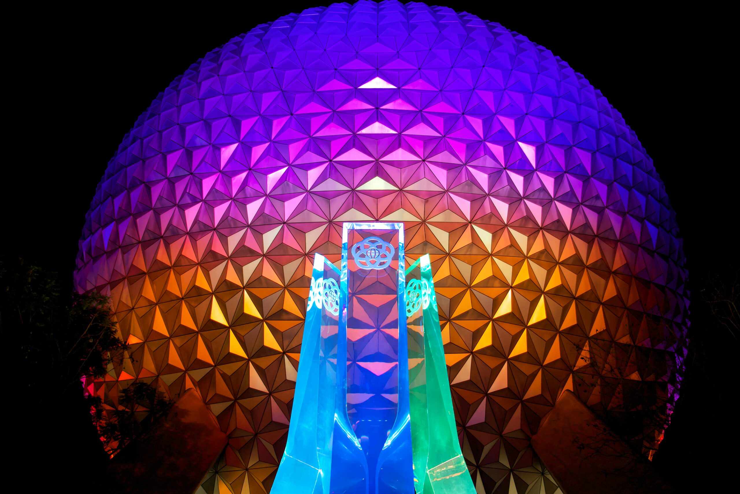Spaceship Earth lit at night, EPCOT