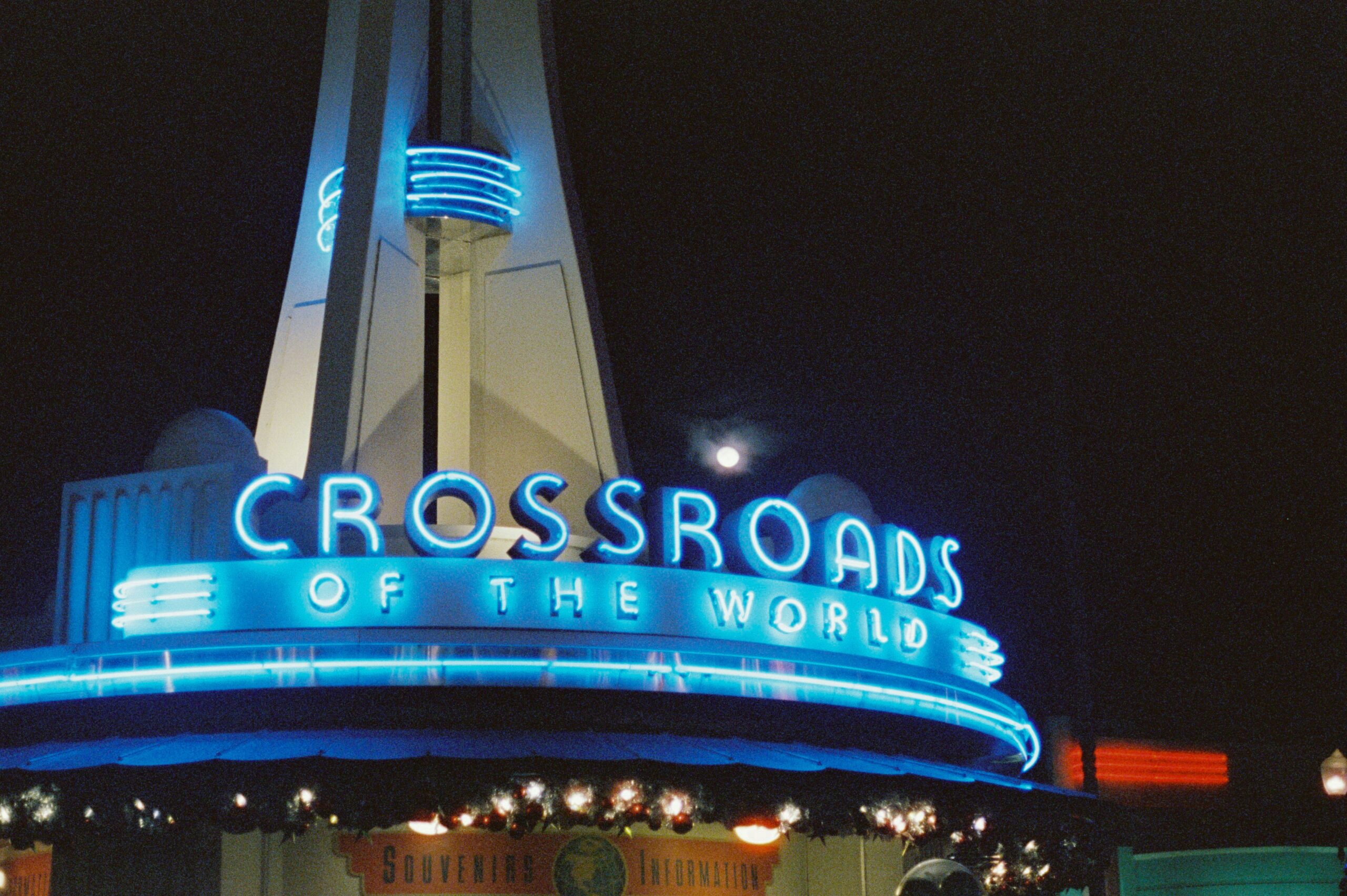 The Crossroads of the World sign at Hollywood Studios