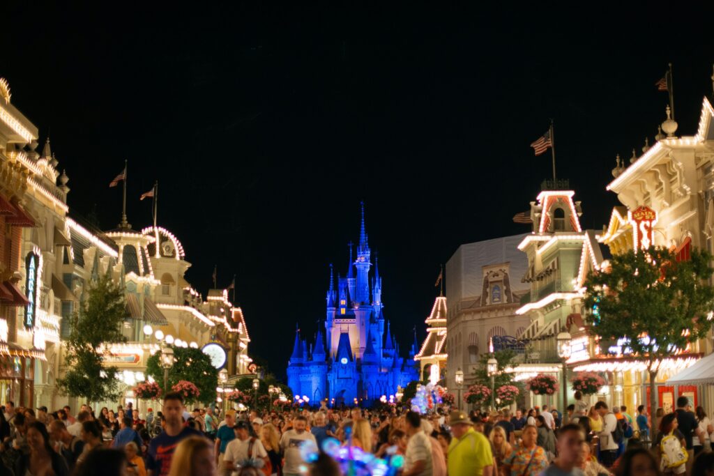 Cinderella Castle at night with Christmas decorations on Main Street, Magic Kingdom